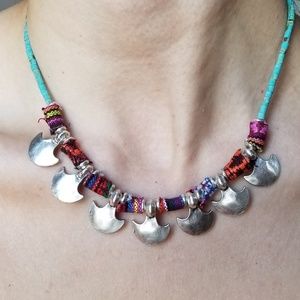 Beaded Metal and Fabric Necklace